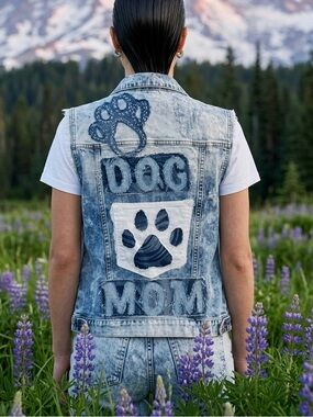 Dog Mom Denim Vest - Blue Acid Wash
